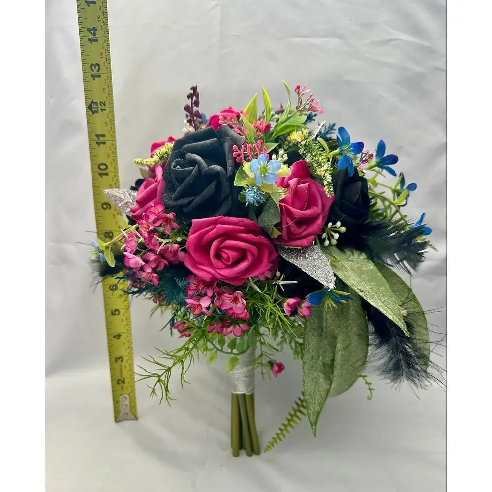 Homecoming prom floral bouquet artificial pink black blue feathers greensilver